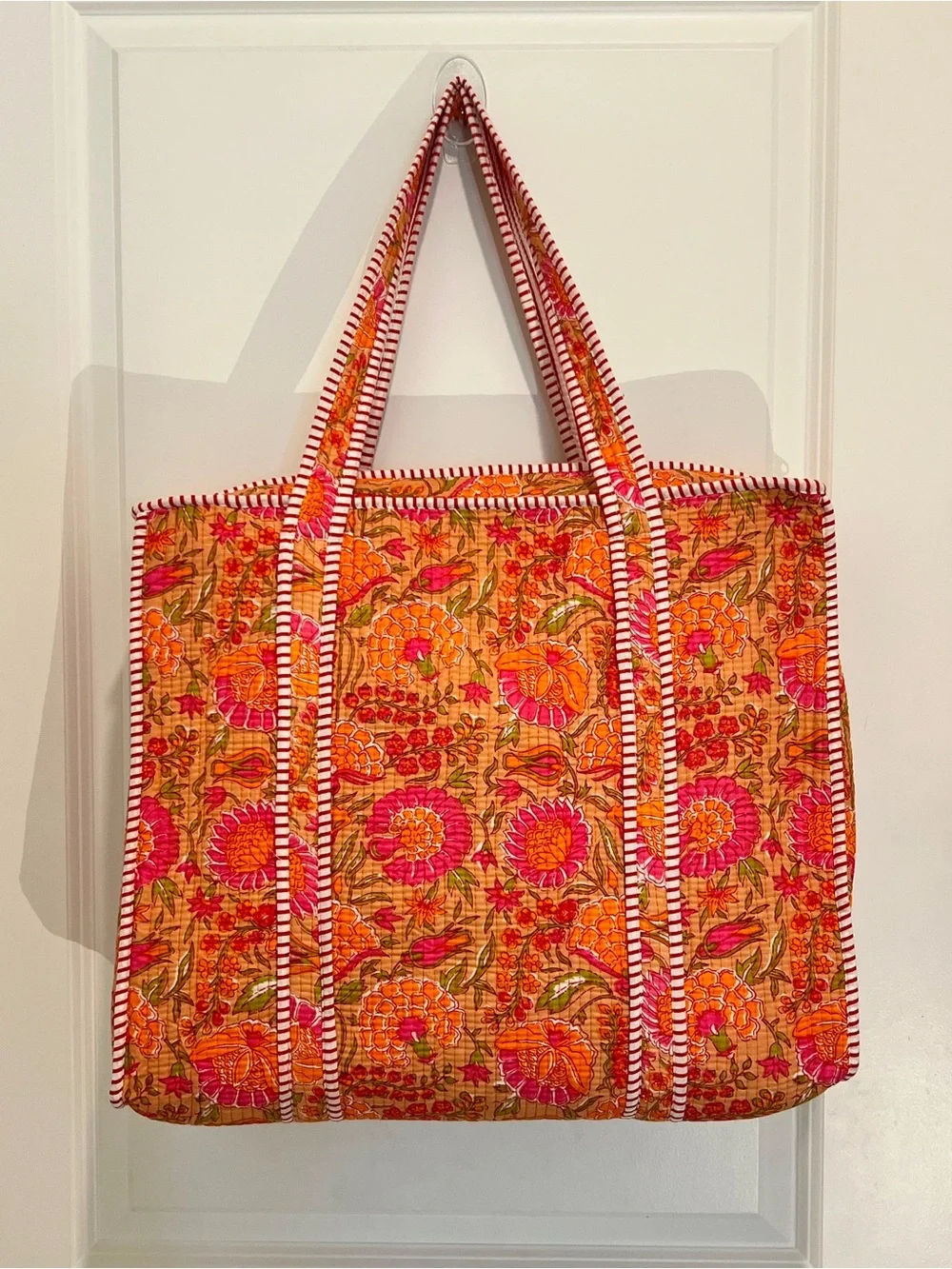 Quilted Floral Tote Bag in Orange & Pink